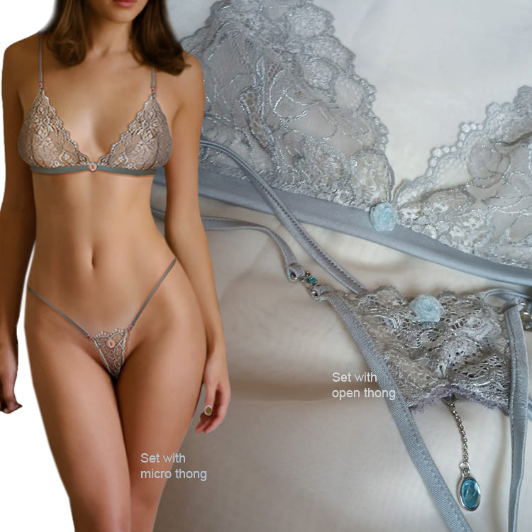 Beautiful woman body wearing a Luxury French lace lingerie set in grey with micro thong and open thong options by Lola Luna