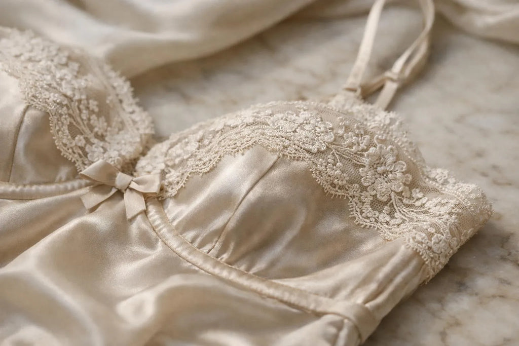 "Silk lingerie de nuit soie chic with Calais lace details on marble background"
