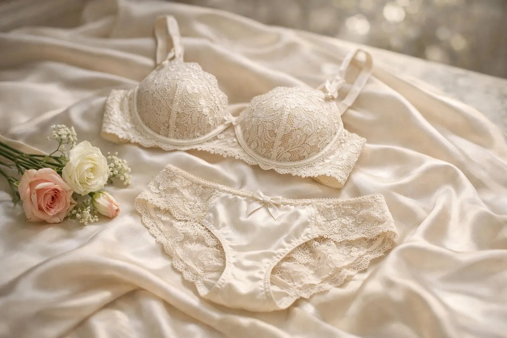 Elegant lingerie set on silk with fresh flowers, showcasing quality and luxury fabrics for a refined lingerie company experie