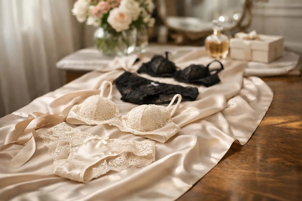 "Luxurious lingerie pathway on silk runner leading to vanity with perfume and flowers, evoking women's confidence and eleganc