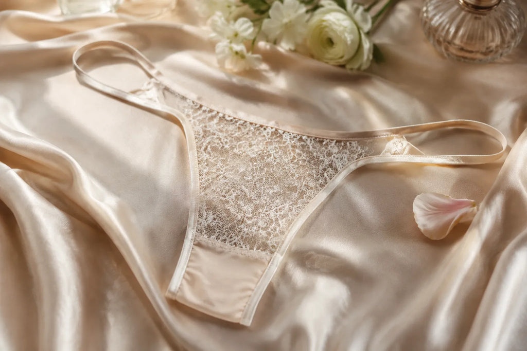 Luxury g-string lingerie on silk with fresh flowers, showcasing intricate lace and satin details.