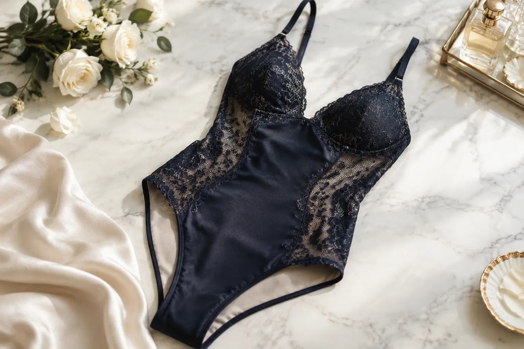 Elegant one‑piece swimsuit on marble with lace detail.