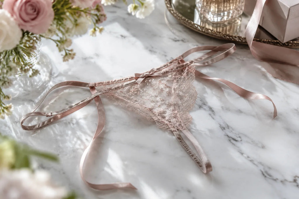 Elegant lace G‑string set flat‑lay on marble with soft bokeh floral backdrop.