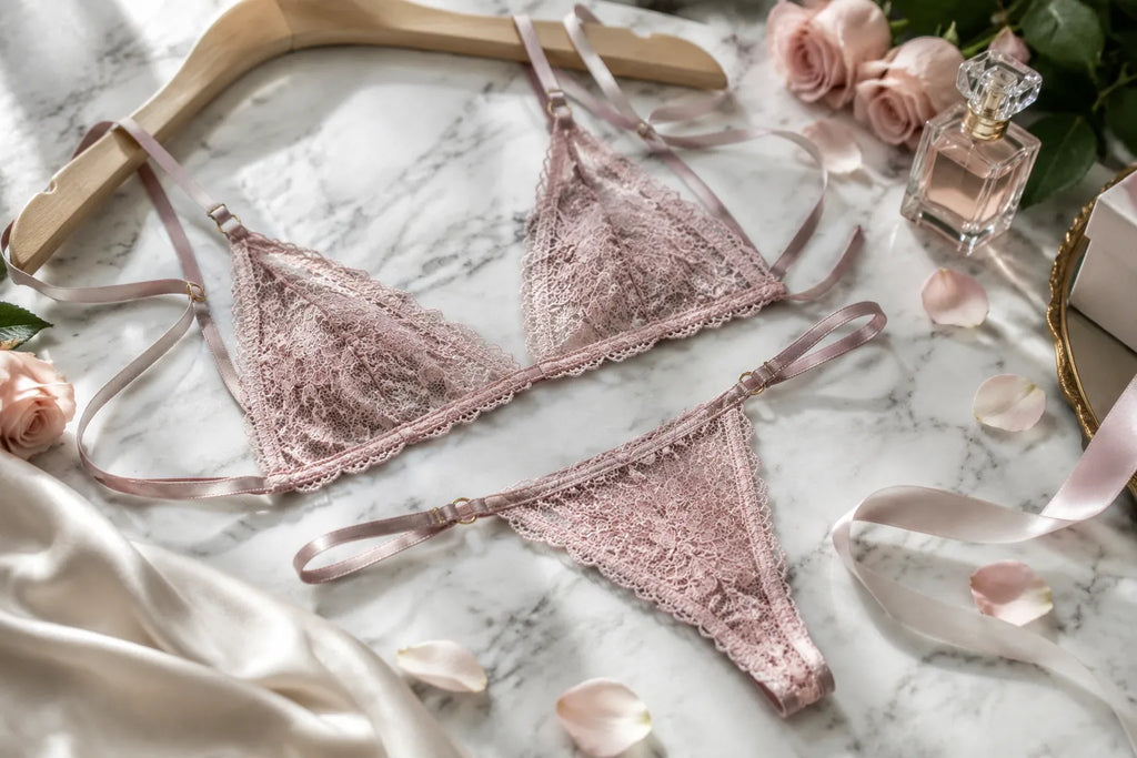 Flat‑lay photo of a micro bikini in silk satin, lace details, and rose petals on marble.
