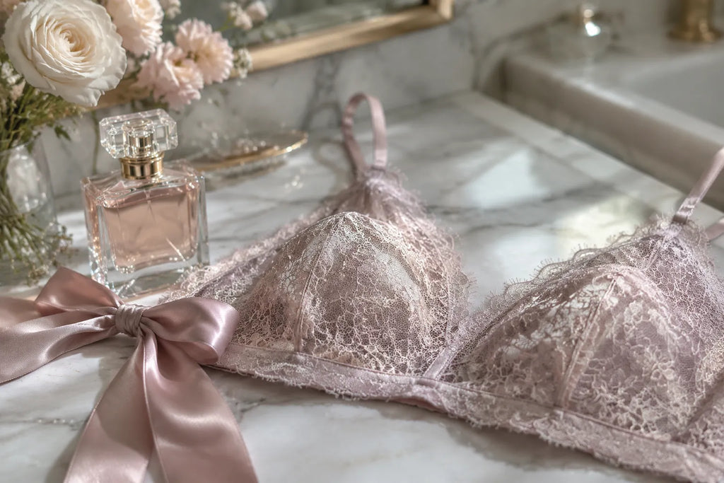 Close‑up of Calais lace bralette on marble, satin ribbon, and perfume bottle in soft natural light.