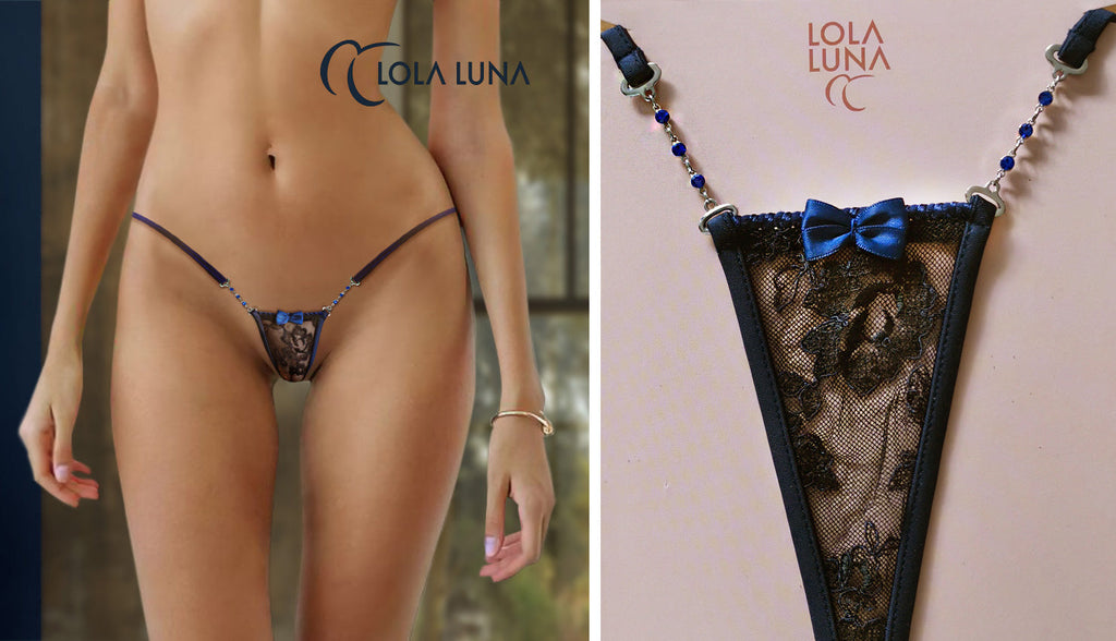 Elegant black lace micro g-string with embroidered tulle details.