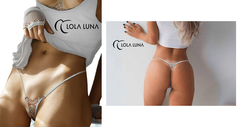 Camille Écru & Rose Lace Detail Thong Micro string - lolaluna.com