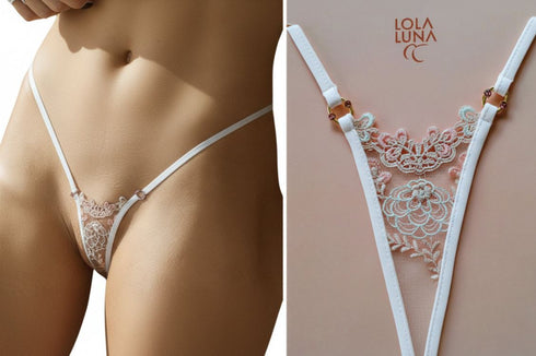Camille Écru & Rose Lace Detail Thong Micro string - lolaluna.com