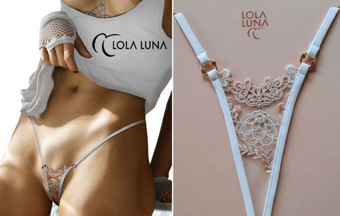 Camille Écru & Rose Lace Detail Thong Micro string - lolaluna.com