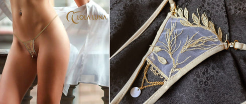 Dora open. Gold Embroidered Open String with Mother-of-Pearl Charm Open G-string - lolaluna.com