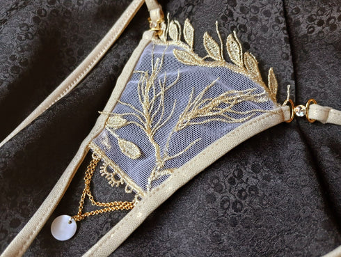 Dora open. Gold Embroidered Open String with Mother-of-Pearl Charm Open G-string - lolaluna.com