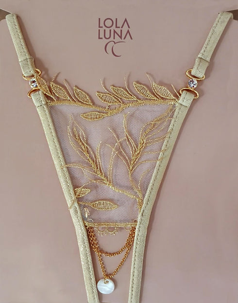 Dora open. Gold Embroidered Open String with Mother-of-Pearl Charm Open G-string - lolaluna.com
