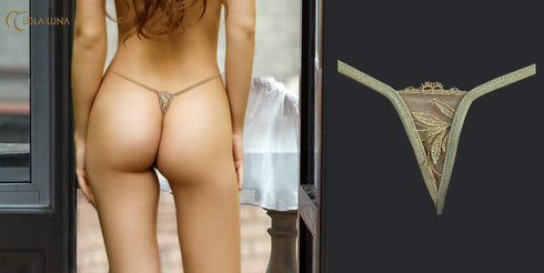 Dora open. Gold Embroidered Open String with Mother-of-Pearl Charm Open G-string - lolaluna.com