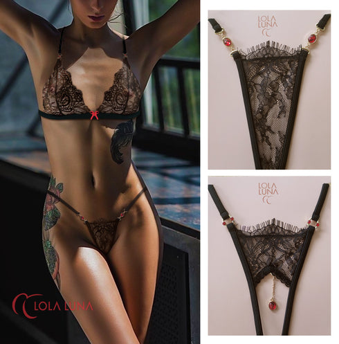 Milena Black Closed Lace G-String - lolaluna.com
