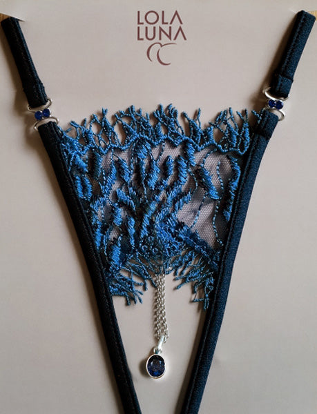 Sapphire Gift Set / Ondine open Thong + Necklace in a Lovely Case Open G-string - lolaluna.com