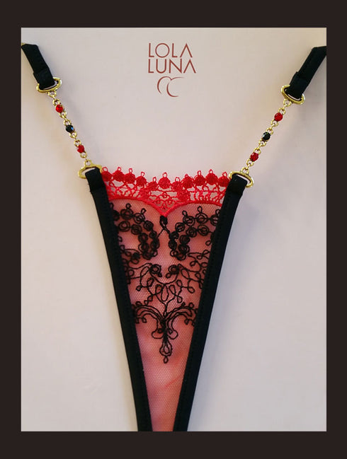 Victoria Micro-String Red Mesh black Embroidered by Lola Luna Micro string - lolaluna.com
