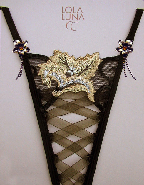 Bombay Closed G-String in Black Tulle and Chocolate Organza closed G-string - lolaluna.com